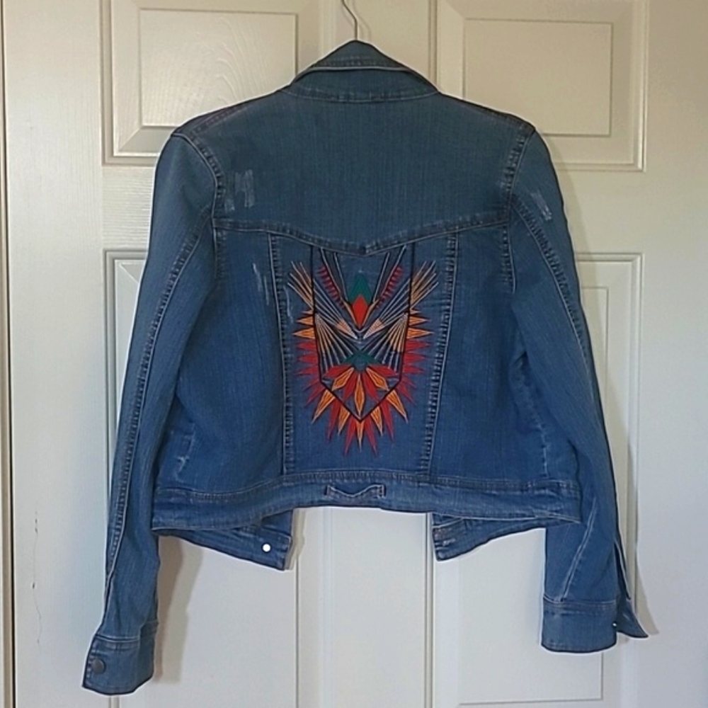 Unique Aztec print embroidered jean jacket